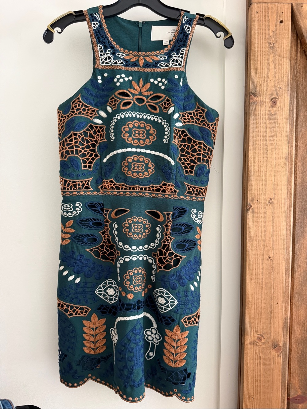 J.O.A. Teal Green Embroidered Sheath Dress with Copper and White Accents